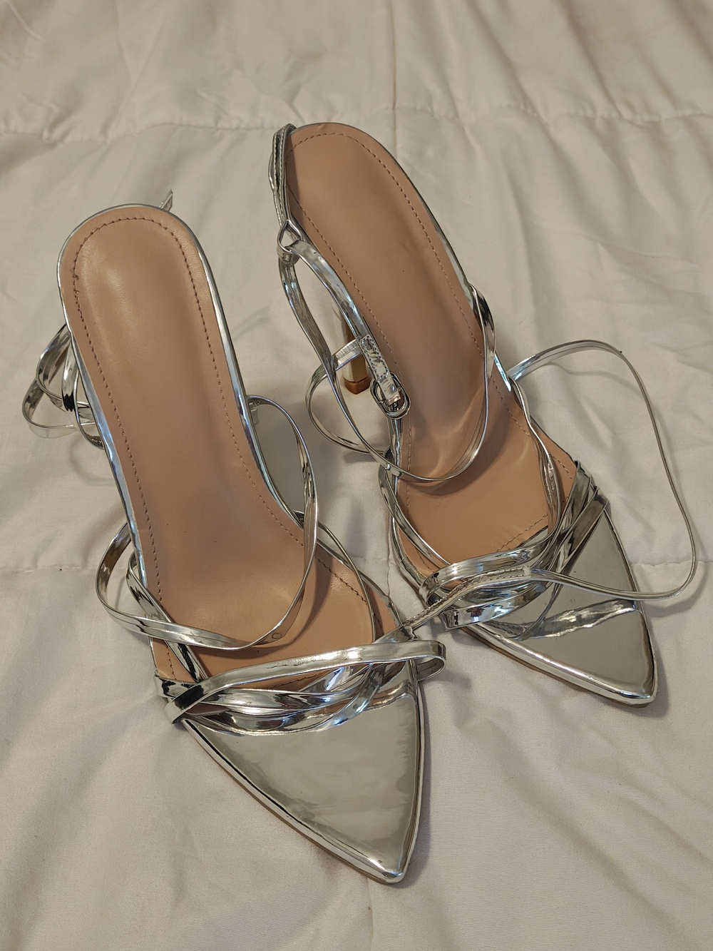 Silver Strappy Pointed-Toe Women’s Heels